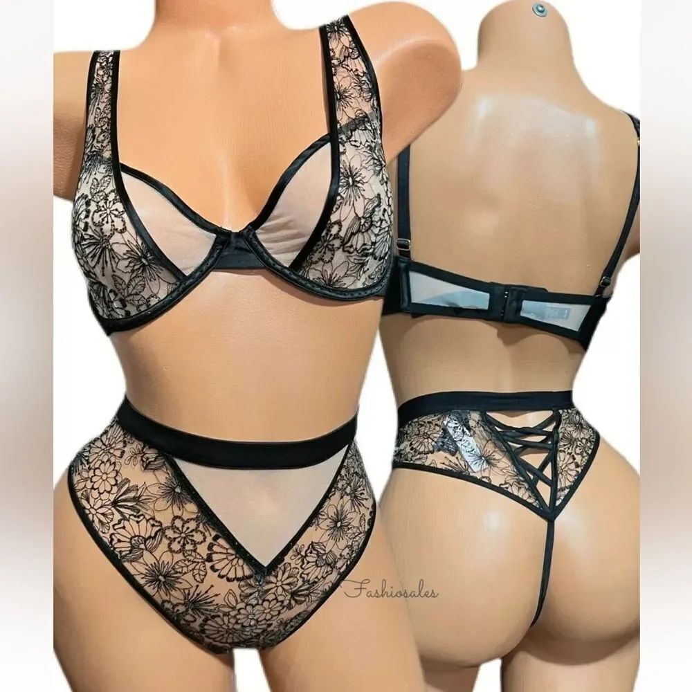 Victoria’s Secret Set Sexy mesh Rhinestones Plunge Bra & High waist thong 34D /S